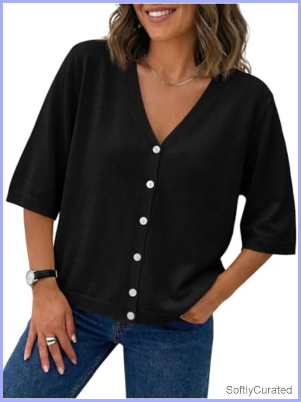 Saodimallsu Womens Short Sleeve Cardigan Lightweight V Neck Sweater